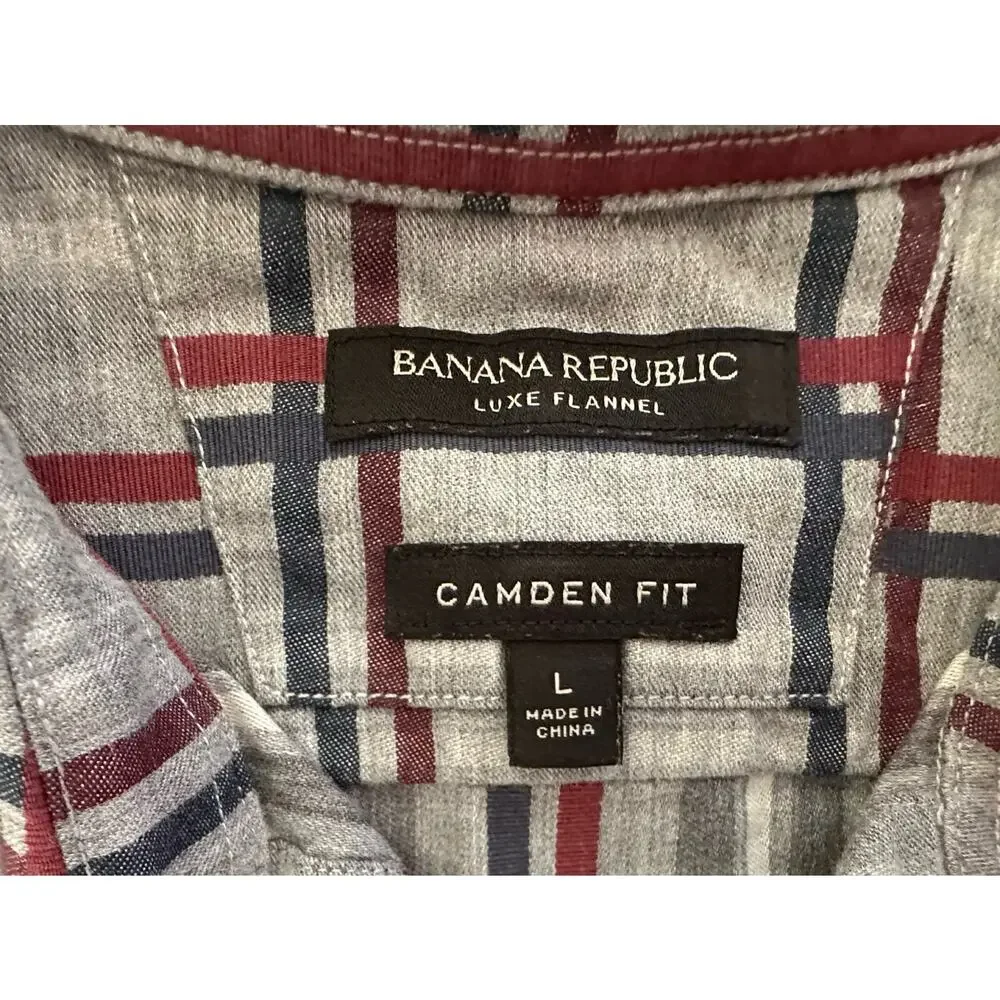 Banana Republic Mens Luxe Flannel‎ Shirt Large Camden Fit Gray Windowpane Plaid